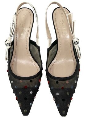 Authentic Dior Black Mesh Slingback Mules with Multicolor Dots - Size 39.5